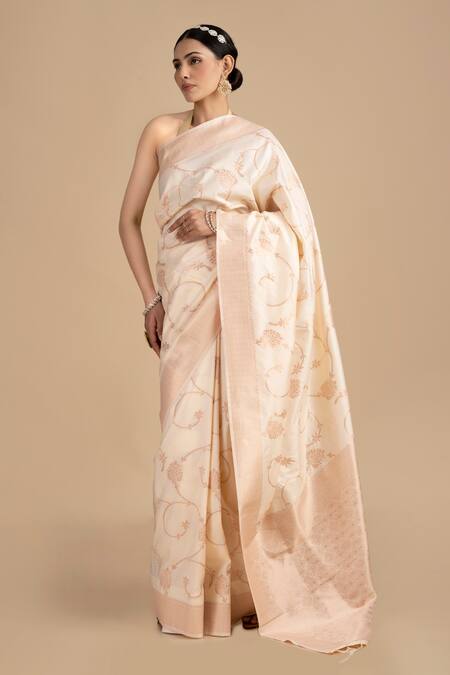 Zal From Benaras_Cream Silk Flower Vine Woven Saree With Unstitched Blouse Piece_at_Aza_Fashions