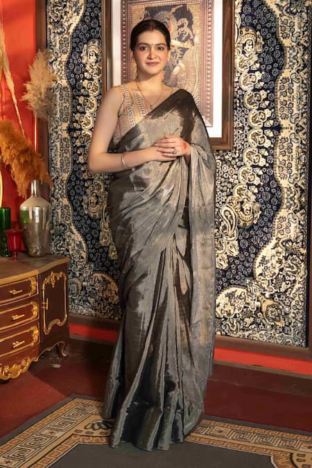 Zal From Benaras Tissue Zari Handloom Saree With Unstitched Blouse Piece 