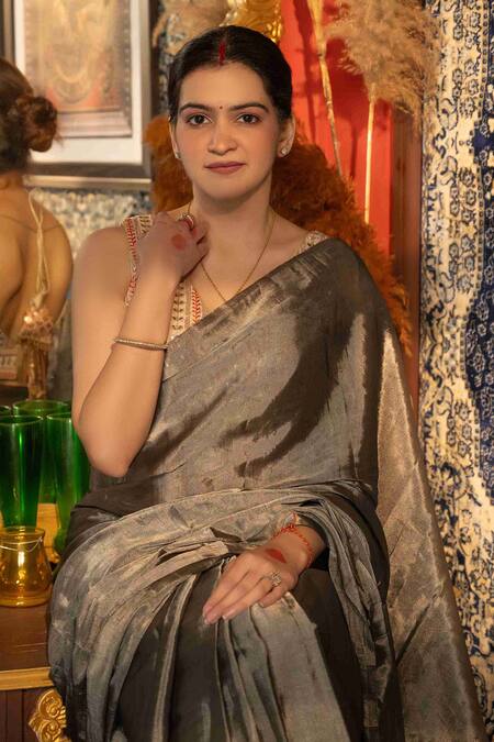 Buy_Zal From Benaras_Grey Chanderi, Tissue Zari Handloom Saree With Unstitched Blouse Piece _Online_at_Aza_Fashions