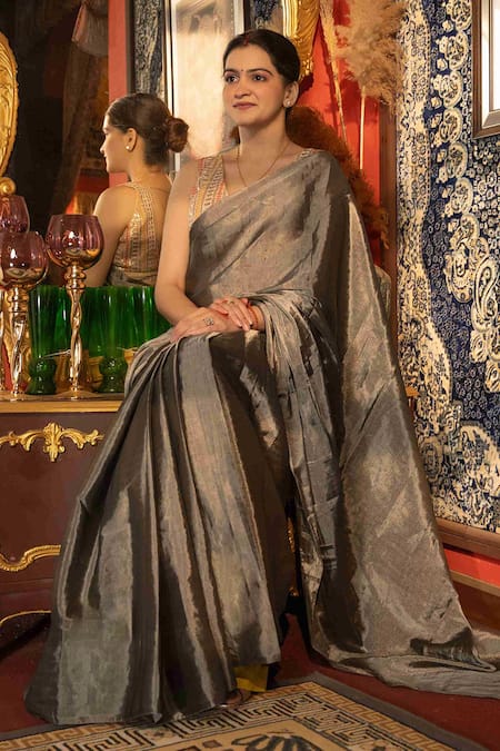 Shop_Zal From Benaras_Grey Chanderi, Tissue Zari Handloom Saree With Unstitched Blouse Piece _Online_at_Aza_Fashions