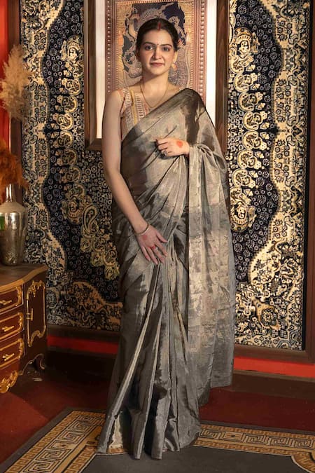Zal From Benaras_Grey Chanderi, Tissue Zari Handloom Saree With Unstitched Blouse Piece _at_Aza_Fashions