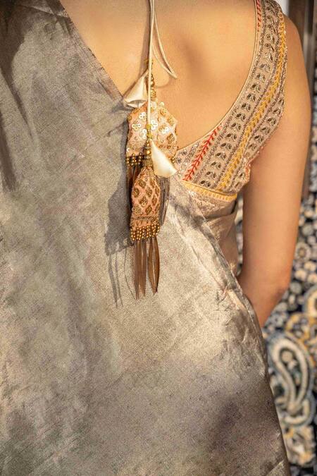 Buy_Zal From Benaras_Grey Chanderi, Tissue Zari Handloom Saree With Unstitched Blouse Piece 
