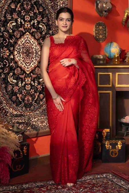 Zal From Benaras Red Pure Organza Silk Embroidered Chikankari Saree With Unstitched Blouse Piece 