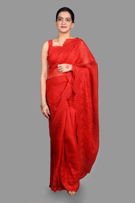 Buy_Zal From Benaras_Red Organza Embroidery Chikankari Saree With Unstitched Blouse Piece_Online_at_Aza_Fashions