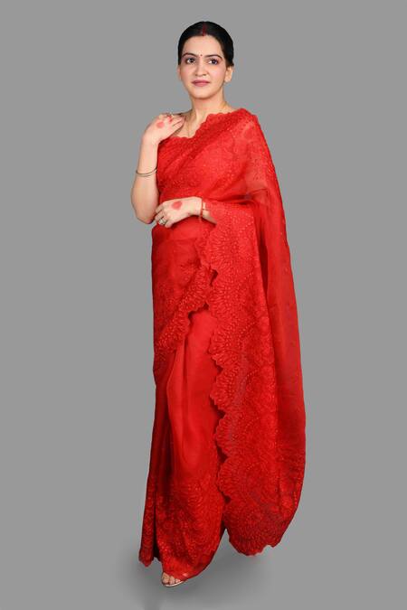 Shop_Zal From Benaras_Red Organza Embroidery Chikankari Saree With Unstitched Blouse Piece_Online_at_Aza_Fashions