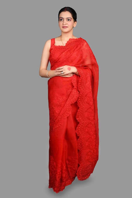Zal From Benaras_Red Organza Embroidery Chikankari Saree With Unstitched Blouse Piece_at_Aza_Fashions