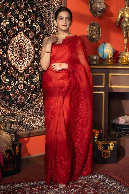 Buy_Zal From Benaras_Red Organza Embroidery Chikankari Saree With Unstitched Blouse Piece