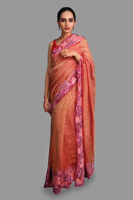 Buy_Zal From Benaras_Red Silk Embroidery Pure Tissue Saree With Unstitched Blouse Piece _Online_at_Aza_Fashions