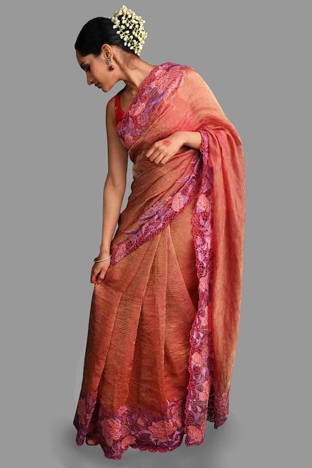 Shop_Zal From Benaras_Red Silk Embroidery Pure Tissue Saree With Unstitched Blouse Piece _Online_at_Aza_Fashions