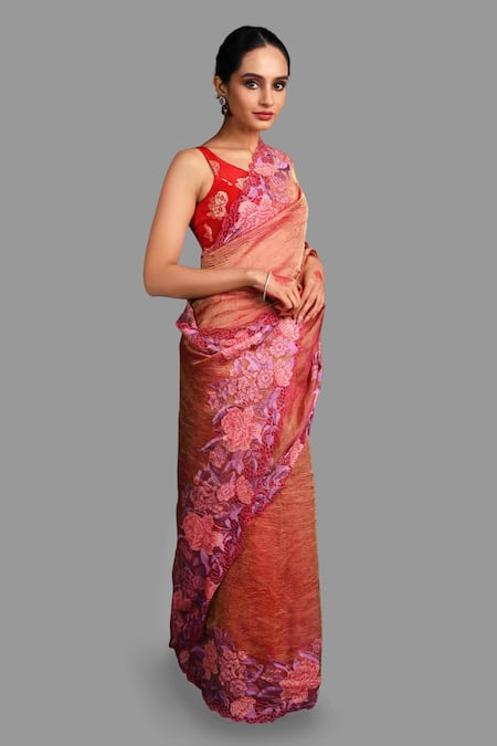 Zal From Benaras_Red Silk Embroidery Pure Tissue Saree With Unstitched Blouse Piece _at_Aza_Fashions