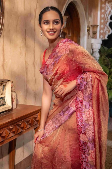 Buy_Zal From Benaras_Red Silk Embroidery Pure Tissue Saree With Unstitched Blouse Piece 