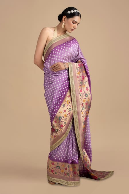 Zal From Benaras Purple Pure Silk Pattern Floral Border Saree With Unstitched Blouse Piece 