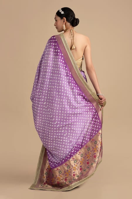 Shop Zal From Benaras Purple Silk Bandhej Pattern Floral Border Saree With Unstitched Blouse Piece at Aza Fashions Shop_Zal From Benaras_Purple Silk Bandhej Pattern Floral Border Saree With Unstitched Blouse Piece _at_Aza_Fashions