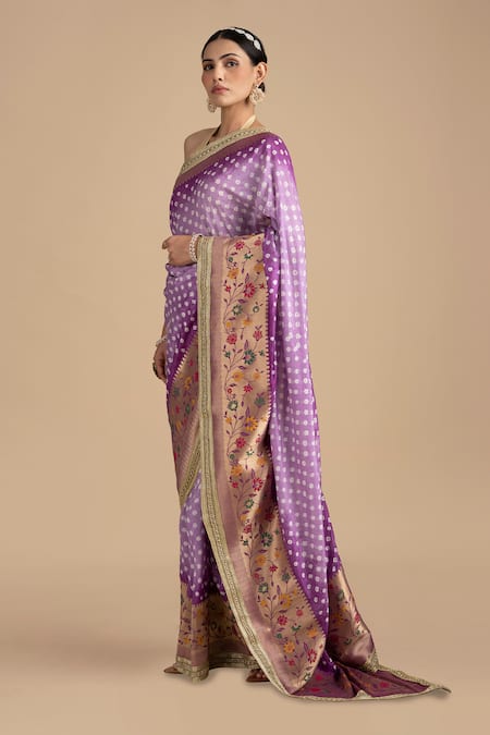 Buy Zal From Benaras Purple Silk Bandhej Pattern Floral Border Saree With Unstitched Blouse Piece Online at Aza Fashions Buy_Zal From Benaras_Purple Silk Bandhej Pattern Floral Border Saree With Unstitched Blouse Piece _Online_at_Aza_Fashions