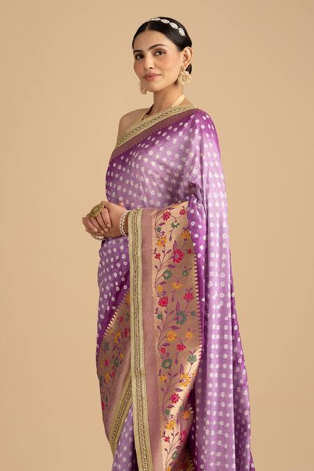 Shop Zal From Benaras Purple Silk Bandhej Pattern Floral Border Saree With Unstitched Blouse Piece Online at Aza Fashions Shop_Zal From Benaras_Purple Silk Bandhej Pattern Floral Border Saree With Unstitched Blouse Piece _Online_at_Aza_Fashions