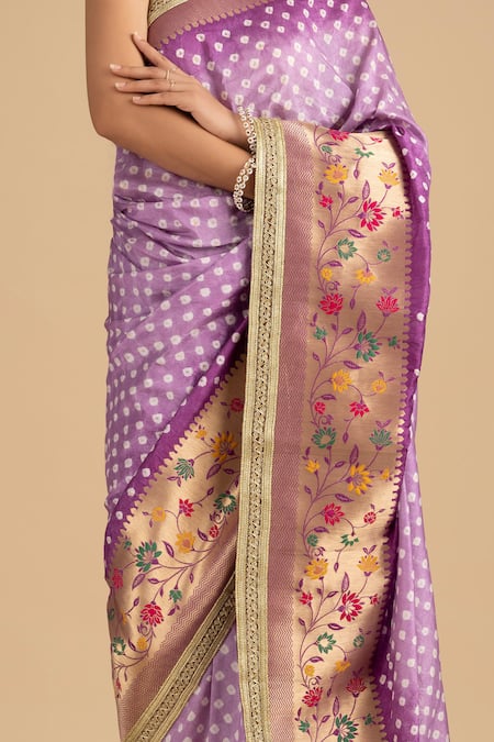 Zal From Benaras Purple Silk Bandhej Pattern Floral Border Saree With Unstitched Blouse Piece at Aza Fashions Zal From Benaras_Purple Silk Bandhej Pattern Floral Border Saree With Unstitched Blouse Piece _at_Aza_Fashions