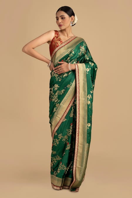 Zal From Benaras Green Pure Silk Embroidered Zari Floral Woven Saree With Unstitched Blouse Piece