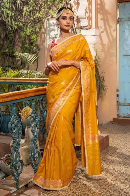 Zal From Benaras Yellow Pure Katan Silk Embroidered Woven Saree With Unstitched Blouse Piece 