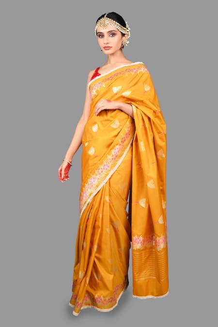 Buy_Zal From Benaras_Yellow Kota Doria Pure Katan Silk Woven Saree With Unstitched Blouse Piece _Online_at_Aza_Fashions
