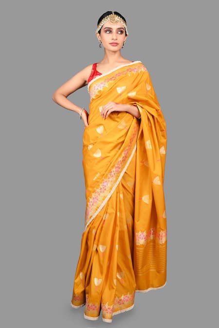 Shop_Zal From Benaras_Yellow Kota Doria Pure Katan Silk Woven Saree With Unstitched Blouse Piece _Online_at_Aza_Fashions