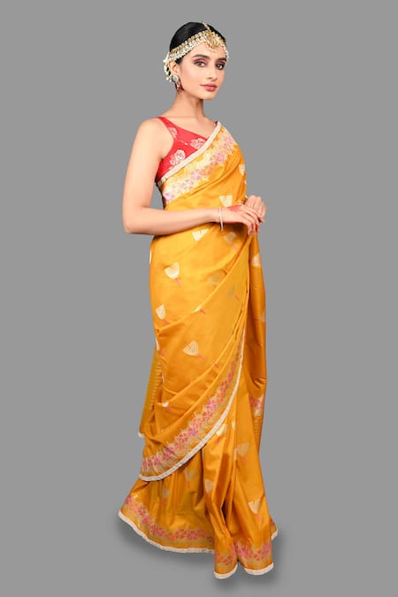 Zal From Benaras_Yellow Kota Doria Pure Katan Silk Woven Saree With Unstitched Blouse Piece _at_Aza_Fashions