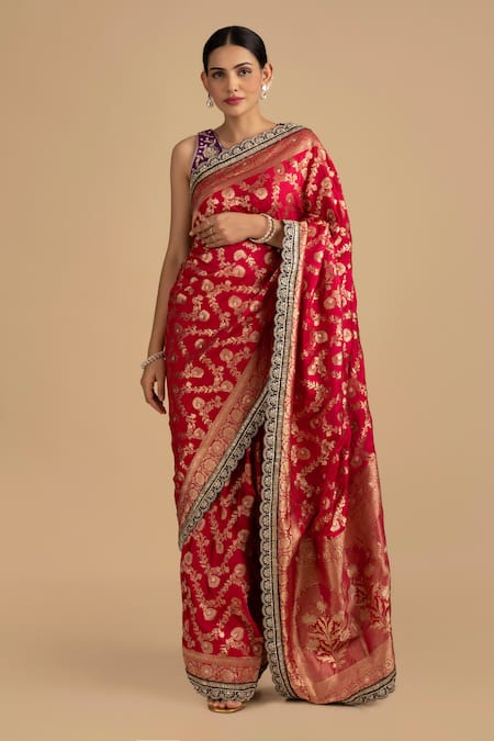 Zal From Benaras Pink Pure Silk Embroidered Zari Floral Border Saree With Unstithed Blouse Piece 