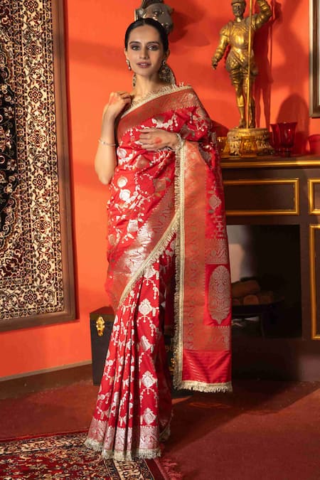 Zal From Benaras Red Pure Katan Silk Embroidered Jangla Work Saree With Unstitched Blouse Piece 