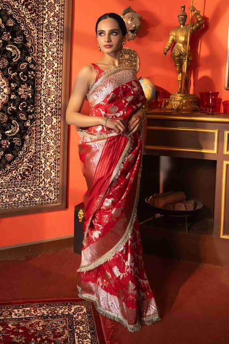 Buy_Zal From Benaras_Red Silk Embroidery Jangla Work Saree And Unstitched Blouse_Online_at_Aza_Fashions