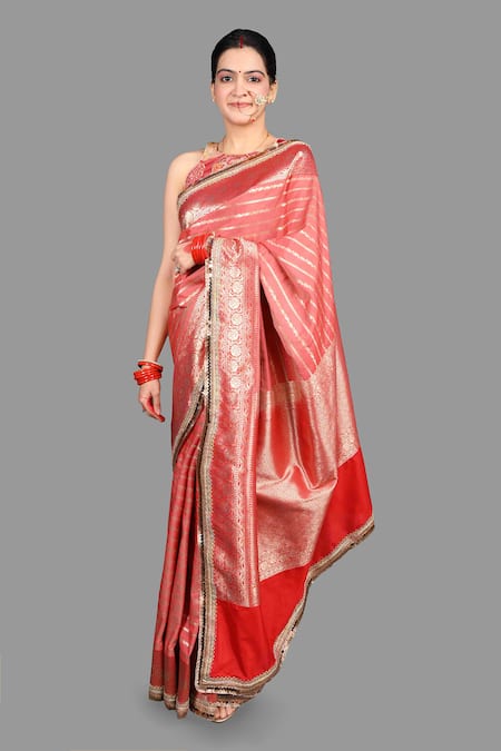Buy_Zal From Benaras_Red Silk Sequins, Embroidery Floral Woven Saree With Unstitched Blouse Piece _Online_at_Aza_Fashions