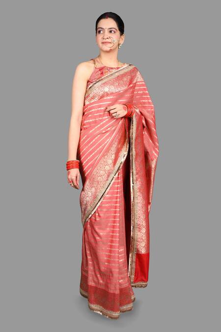 Shop_Zal From Benaras_Red Silk Sequins, Embroidery Floral Woven Saree With Unstitched Blouse Piece _Online_at_Aza_Fashions