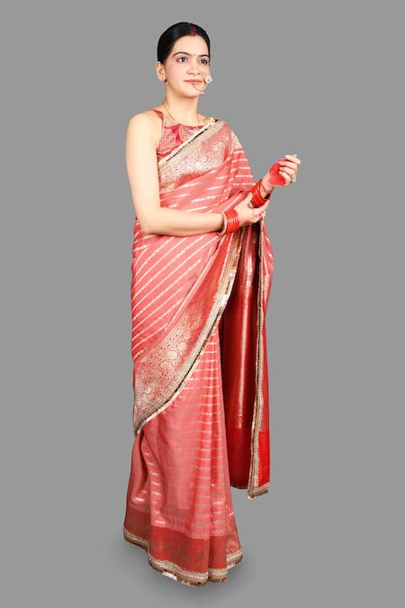 Buy_Zal From Benaras_Red Silk Sequins, Embroidery Floral Woven Saree With Unstitched Blouse Piece 