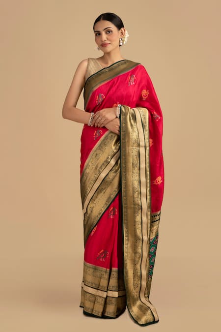 Zal From Benaras Green Pure Katan Silk Embroidered Zari Saree With Unstitched Blouse Piece 