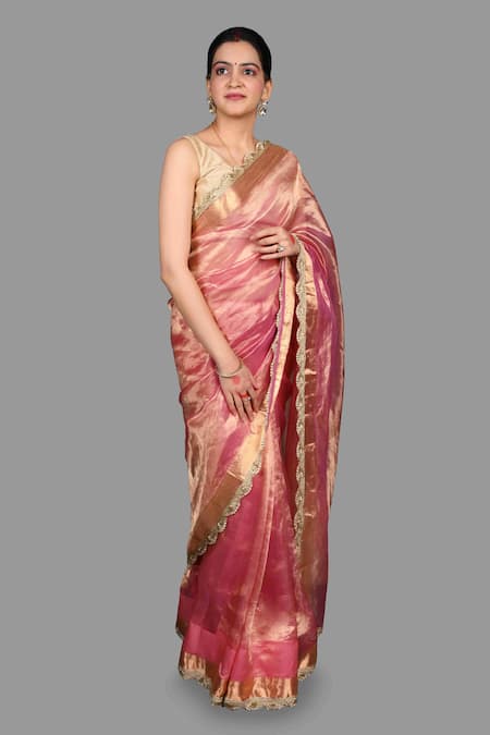 Zal From Benaras_Pink Silk Embroidery Pure Tissue Saree With Unstitched Blouse Piece _Online_at_Aza_Fashions