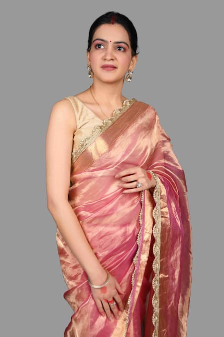Buy_Zal From Benaras_Pink Silk Embroidery Pure Tissue Saree With Unstitched Blouse Piece _Online_at_Aza_Fashions