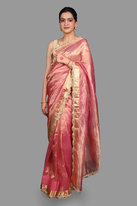 Shop_Zal From Benaras_Pink Silk Embroidery Pure Tissue Saree With Unstitched Blouse Piece _Online_at_Aza_Fashions