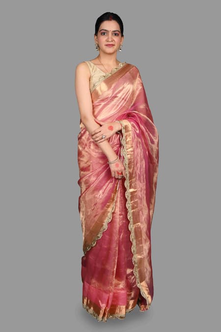 Zal From Benaras_Pink Silk Embroidery Pure Tissue Saree With Unstitched Blouse Piece _at_Aza_Fashions