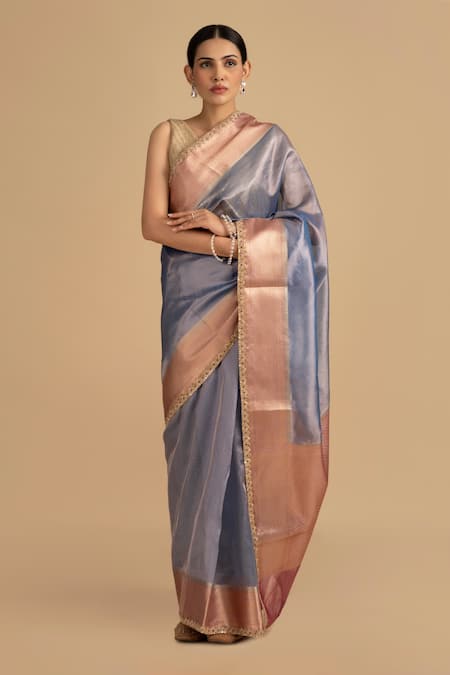 Zal From Benaras Blue Pure Tissue Silk Embroidered Zari Work Saree With Unstitched Blouse Piece 