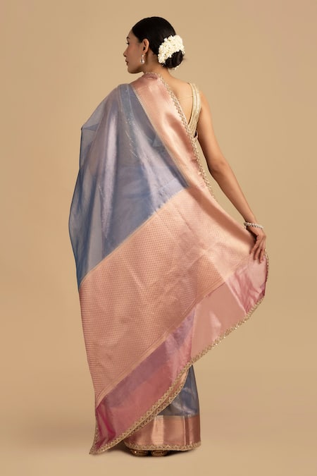 Shop Zal From Benaras Blue Tissue Zari Pure Work Saree With Unstitched Blouse Piece at Aza Fashions Shop_Zal From Benaras_Blue Tissue Zari Pure Work Saree With Unstitched Blouse Piece _at_Aza_Fashions