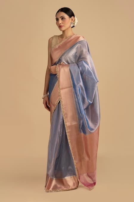 Shop Zal From Benaras Blue Tissue Zari Pure Work Saree With Unstitched Blouse Piece Online at Aza Fashions Shop_Zal From Benaras_Blue Tissue Zari Pure Work Saree With Unstitched Blouse Piece _Online_at_Aza_Fashions