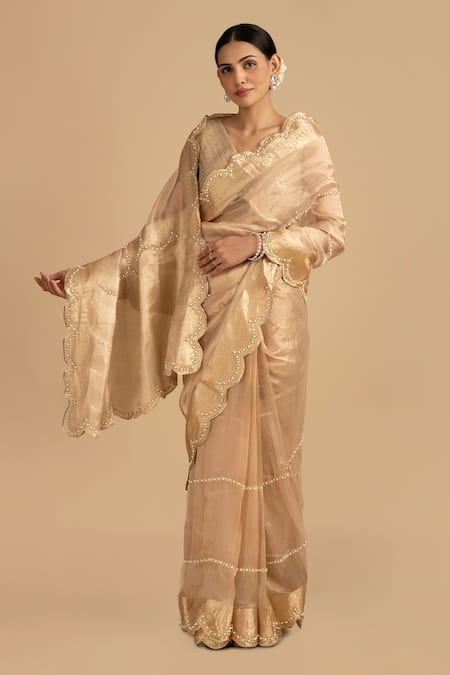 Zal From Benaras Gold Pure Tissue Silk Pearl Handloom Saree With Unstitched Blouse Piece 