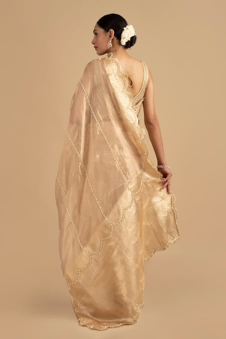 Zal From Benaras Pearl Embroidered Handloom Saree With Unstitched Blouse Piece 