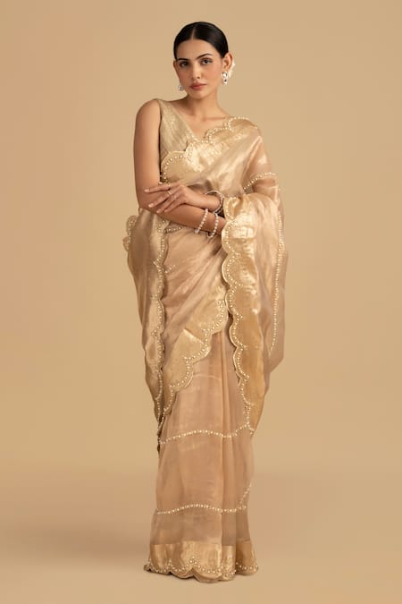 Buy_Zal From Benaras_Gold Tissue, Silk Pearls Embroidered Handloom Saree With Unstitched Blouse Piece _Online_at_Aza_Fashions