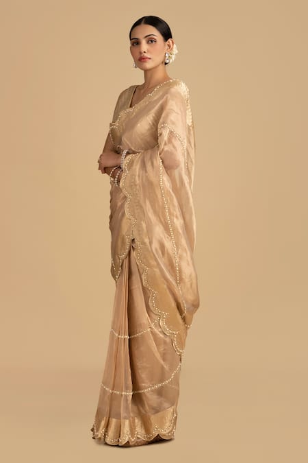 Shop_Zal From Benaras_Gold Tissue, Silk Pearls Embroidered Handloom Saree With Unstitched Blouse Piece _Online_at_Aza_Fashions