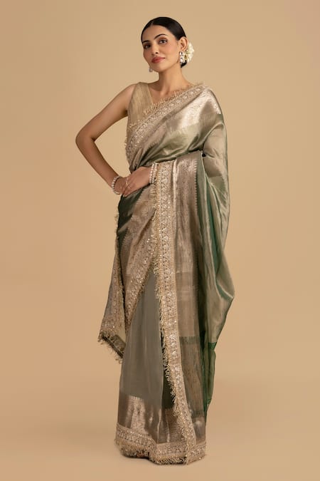 Zal From Benaras Green Crushed Tissue Silk Embroidered Border Saree With Unstitched Blouse Piece 