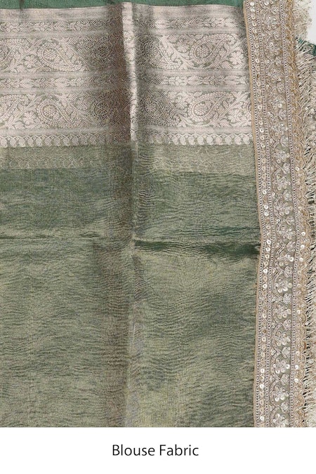 Zal From Benaras_Green Crepe Sequins, Embroidery Border Saree With Unstitched Blouse Piece _Online_at_Aza_Fashions