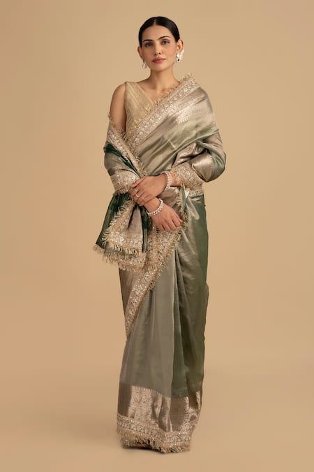 Buy_Zal From Benaras_Green Crepe Sequins, Embroidery Border Saree With Unstitched Blouse Piece _Online_at_Aza_Fashions