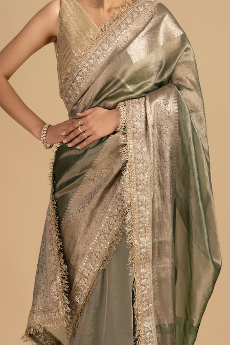 Shop_Zal From Benaras_Green Crepe Sequins, Embroidery Border Saree With Unstitched Blouse Piece _Online_at_Aza_Fashions