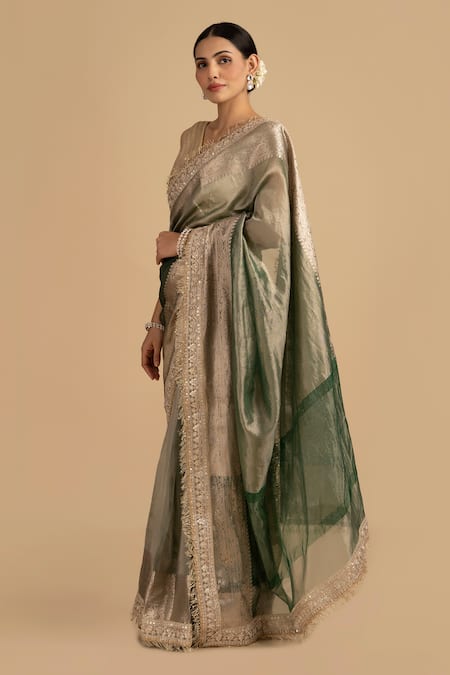 Zal From Benaras_Green Crepe Sequins, Embroidery Border Saree With Unstitched Blouse Piece _at_Aza_Fashions