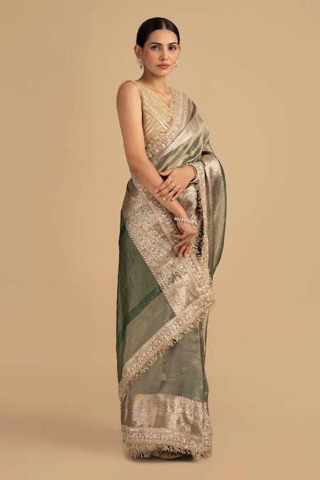Buy_Zal From Benaras_Green Crepe Sequins, Embroidery Border Saree With Unstitched Blouse Piece 