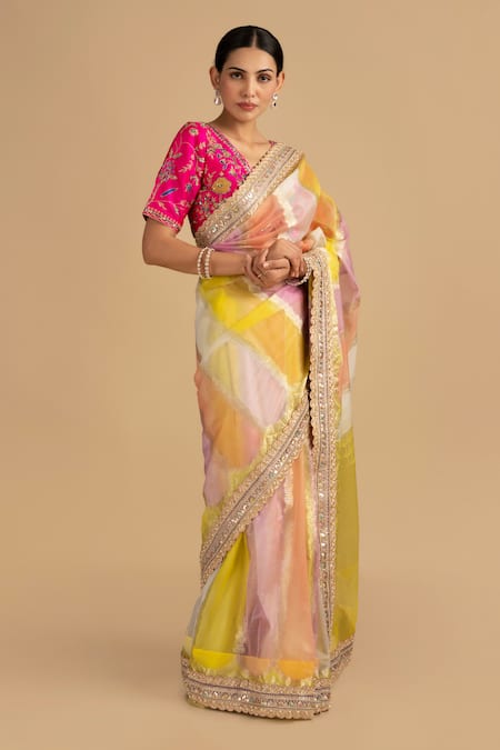 Shop Zal From Benaras Multi Color Tissue, Silk Pearls, Sequins And Thread Embroidered Saree With Blouse Online at Aza Fashions Shop_Zal From Benaras_Multi Color Tissue, Silk Pearls, Sequins And Thread Embroidered Saree With Blouse_Online_at_Aza_Fashions